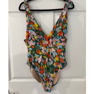 J.Crew Floral One Piece Swimsuit Green V Neck Tie Straps Size 14